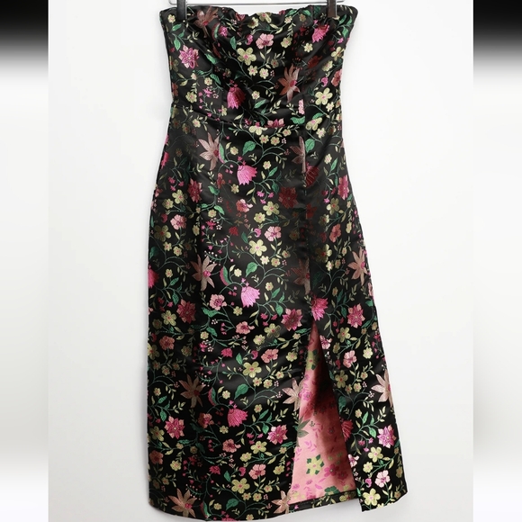 Lulus Make a Move Black Satin Floral Jacquard Strapless Midi Dress NWT Medium - Picture 4 of 8